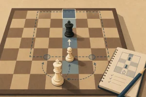 Chessboard with white king and pawn facing black king, arrows and highlighted squares illustrating movement strategy