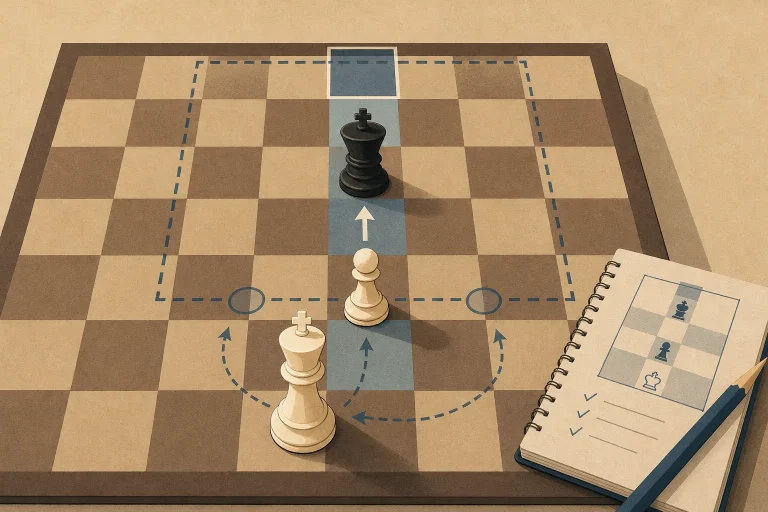 Chessboard with white king and pawn facing black king, arrows and highlighted squares illustrating movement strategy