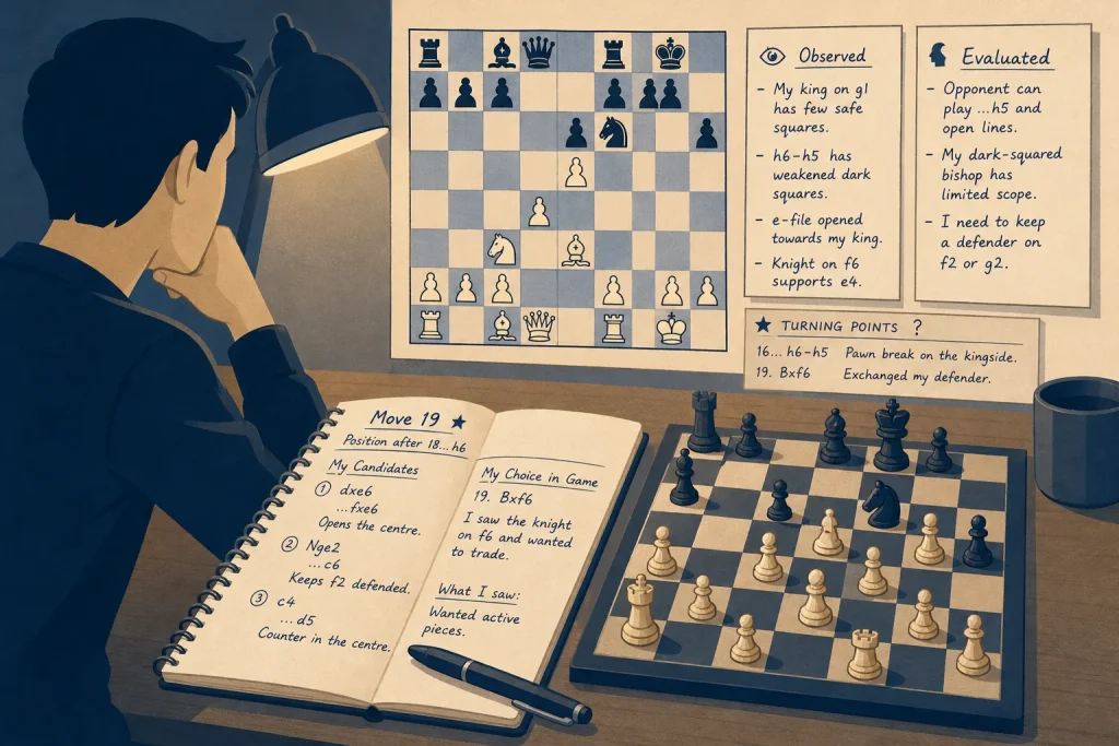 Person studying a chess board and notebook with chess moves and notes under a desk lamp