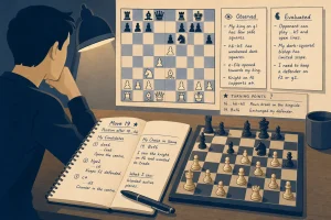 Person studying a chess board and notebook with chess moves and notes under a desk lamp