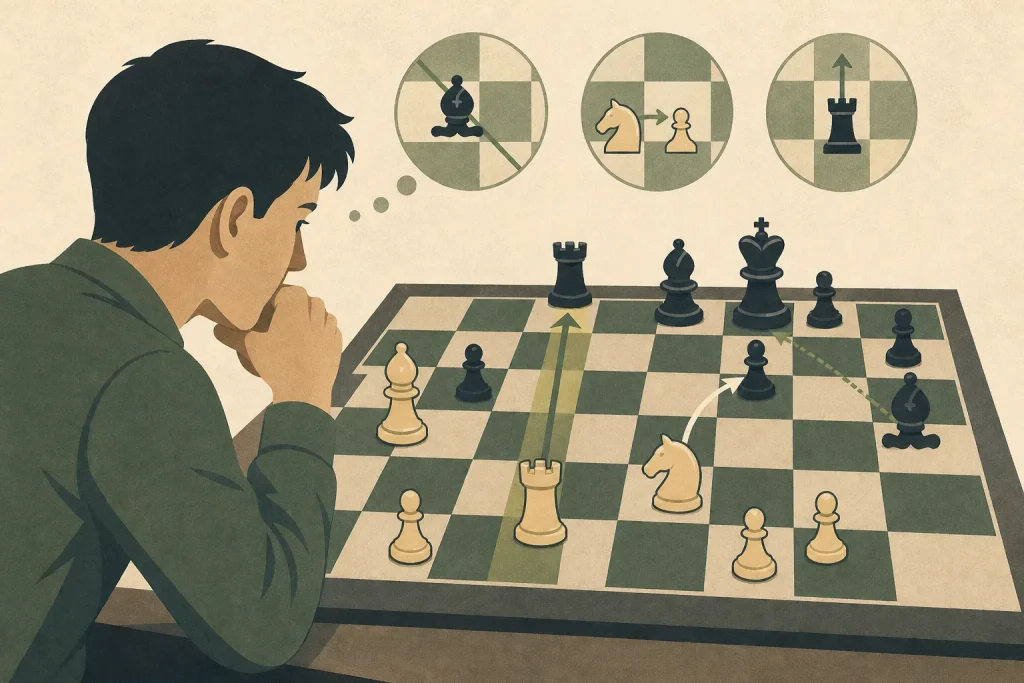 Person thoughtfully studying a chessboard with highlighted potential rook and knight moves