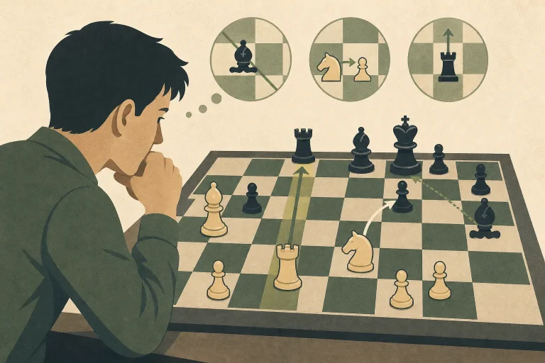Person thoughtfully studying a chessboard with highlighted potential rook and knight moves