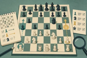 Top-down view of a chessboard with pieces arranged and arrows indicating moves, alongside strategy notes and a magnifying glass on a green surface