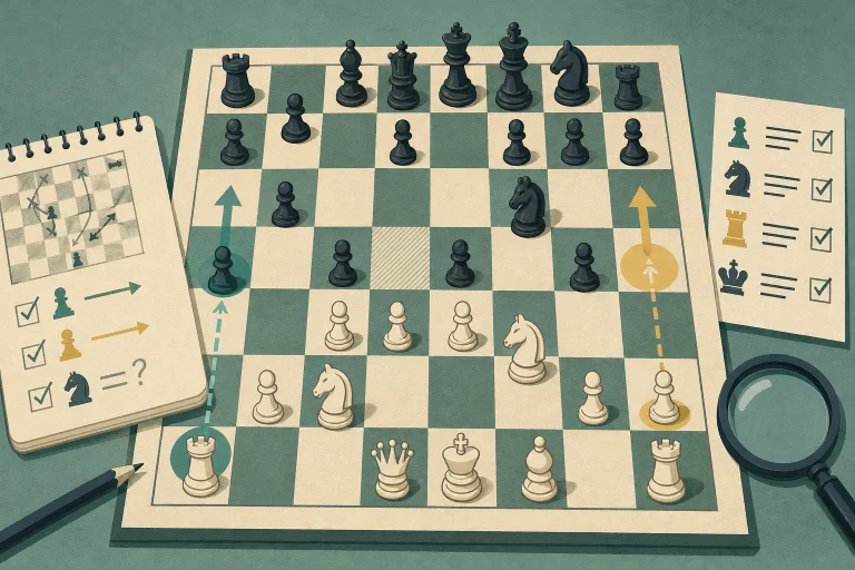 Top-down view of a chessboard with pieces arranged and arrows indicating moves, alongside strategy notes and a magnifying glass on a green surface