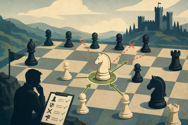 White knight chess piece protected by nearby pawns on a chessboard with strategic arrows and a castle in the background